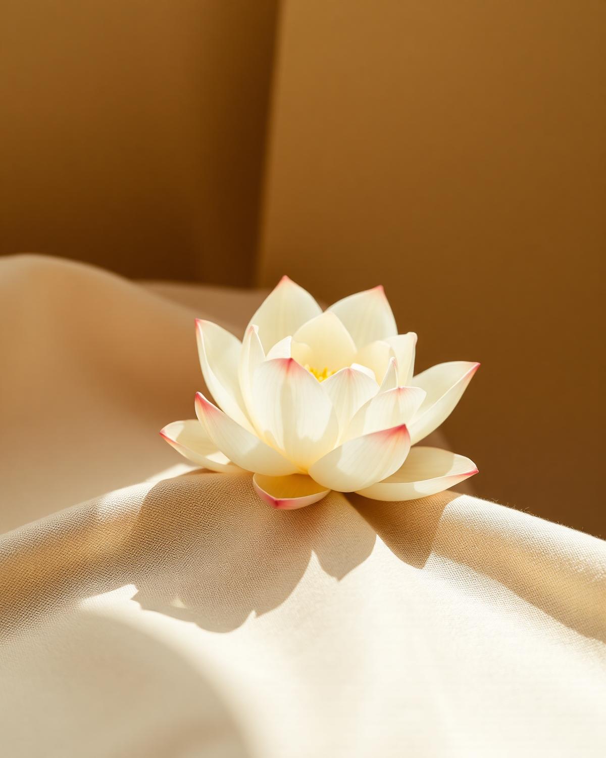 Detalle de una flor de loto sobre tela de lino natural.
